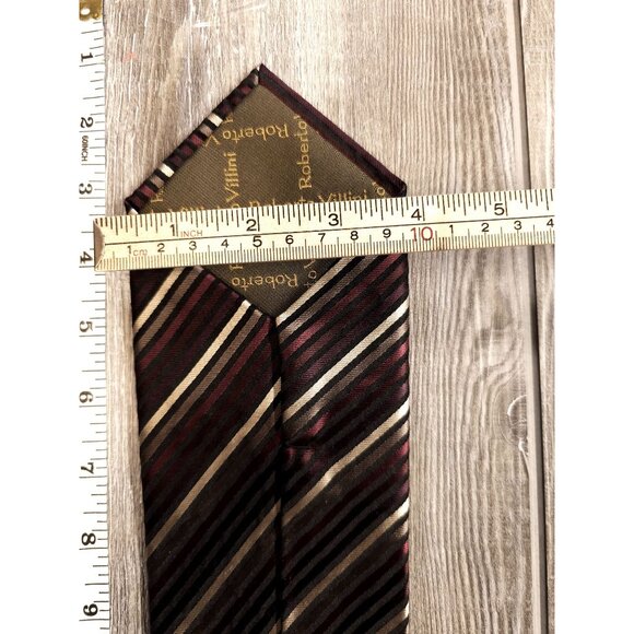 Roberto Villini Collezione Striped Silk Mens Tie Black Burgundy White Stripe Des - Picture 10 of 10